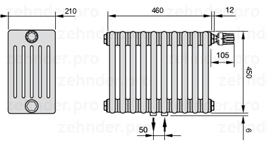 Схема (чертеж) Радиатор Zehnder Charleston 6045/10 №V008 Белый глянцевый RAL 9016